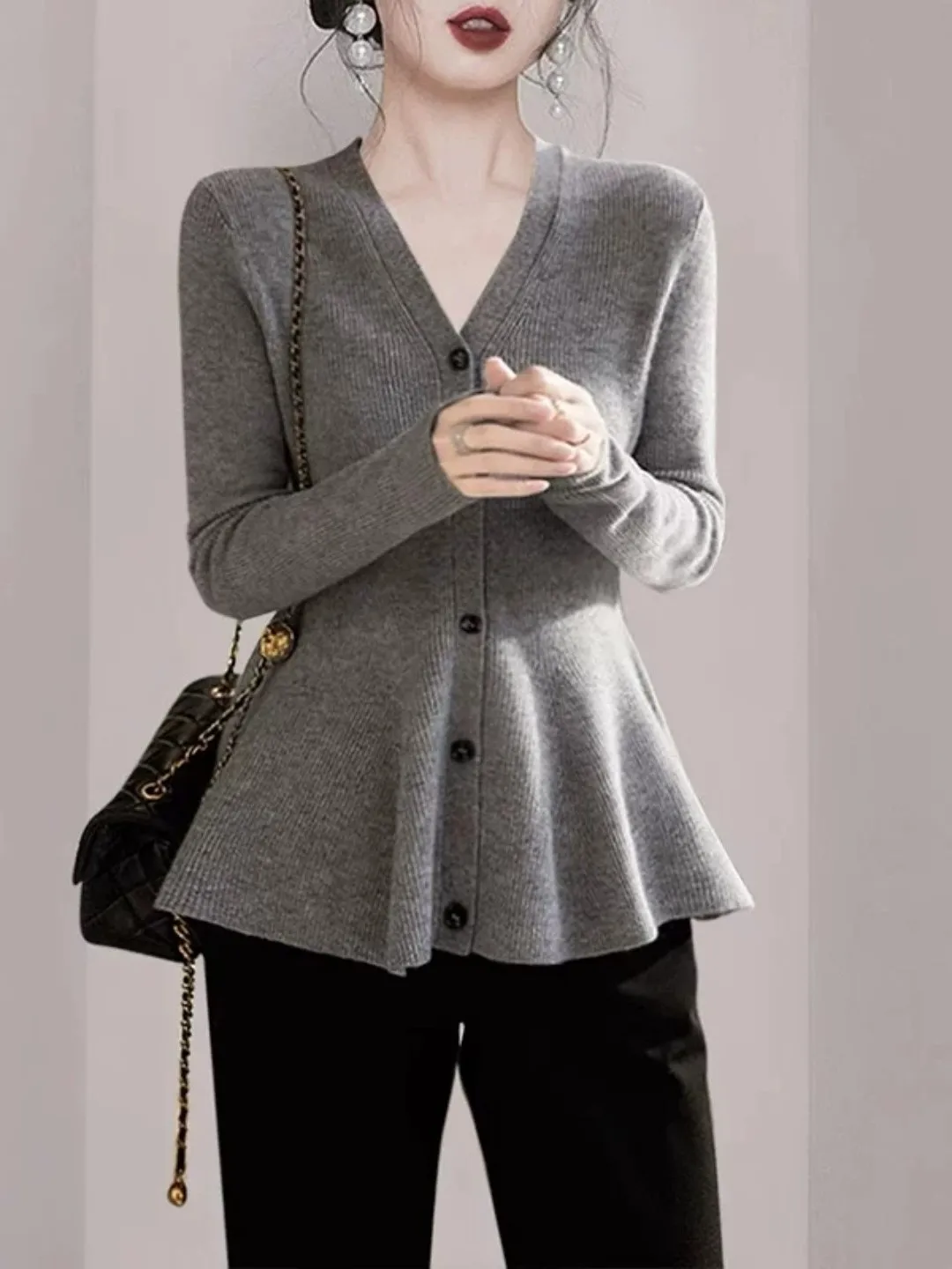plus Size Women's Knitted Slim Fit Long Sleeve V-Neck Base Shirt Casual Style Polyester Fiber Fish Tail Design Comfortable Sw...