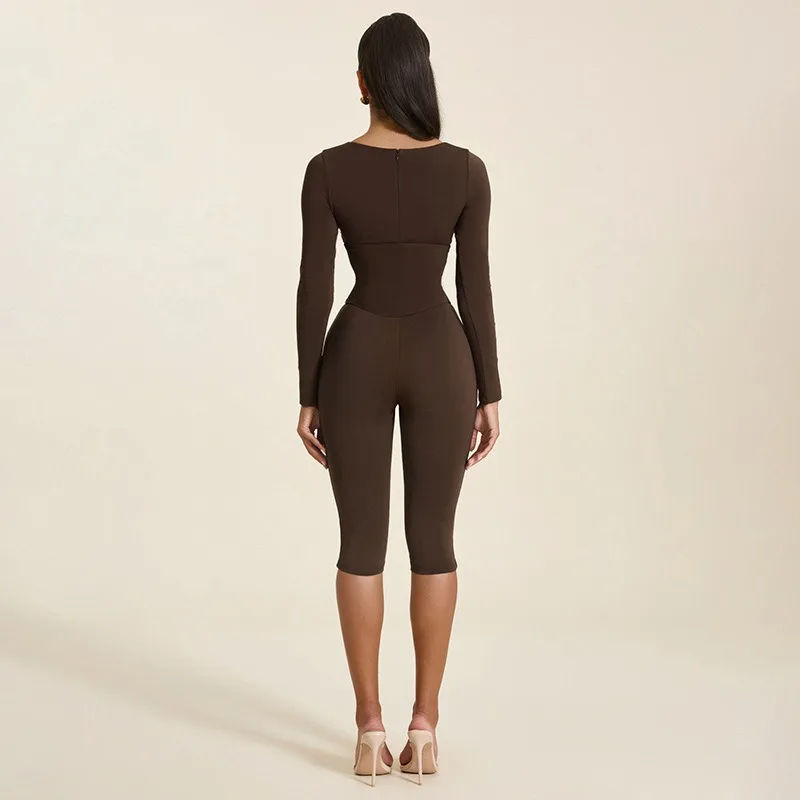 Two Piece Zipper Jumpsuit, Solid Color High Waist Splicing Slim Fit for Women, Autumn Winter Matching Romper