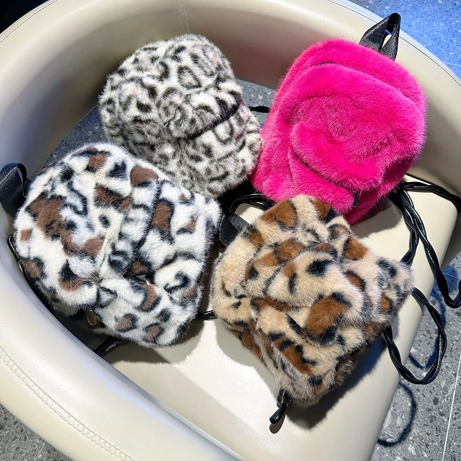 Mini Women's Backpacks Y2K Plush Female Bag Leopard Print Feminina Bagpack Faux Fur School Bags For Teen Girls Furry Knapsack