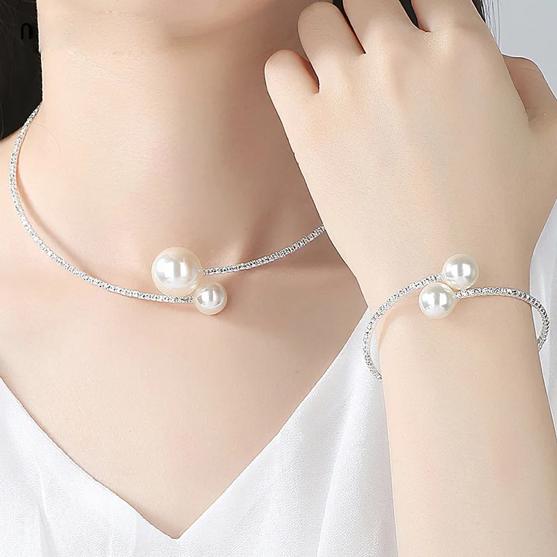 ZANLLOY Shiny Pearl Rhinestone Necklace Earrings Ladies Party Party Bridal Wedding Dress Jewelry Set