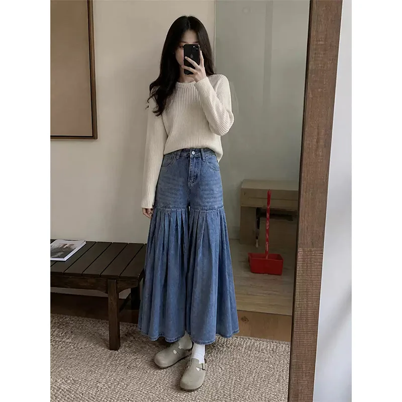 Harajuku Women Pleated Flare Denim Wide Leg Pants High Waist Vintage Washed Blue Ruffled Hem Loose Autumn Long Jeans Trousers