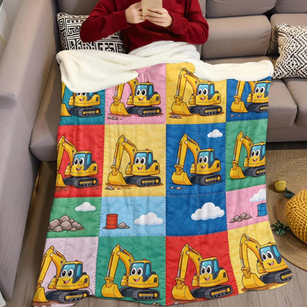 Yellow Excavator Gear Grid Flannel Blanket Perfect for Sofa Office Bed Travel Sleep Read Relax Camping Four Season Use