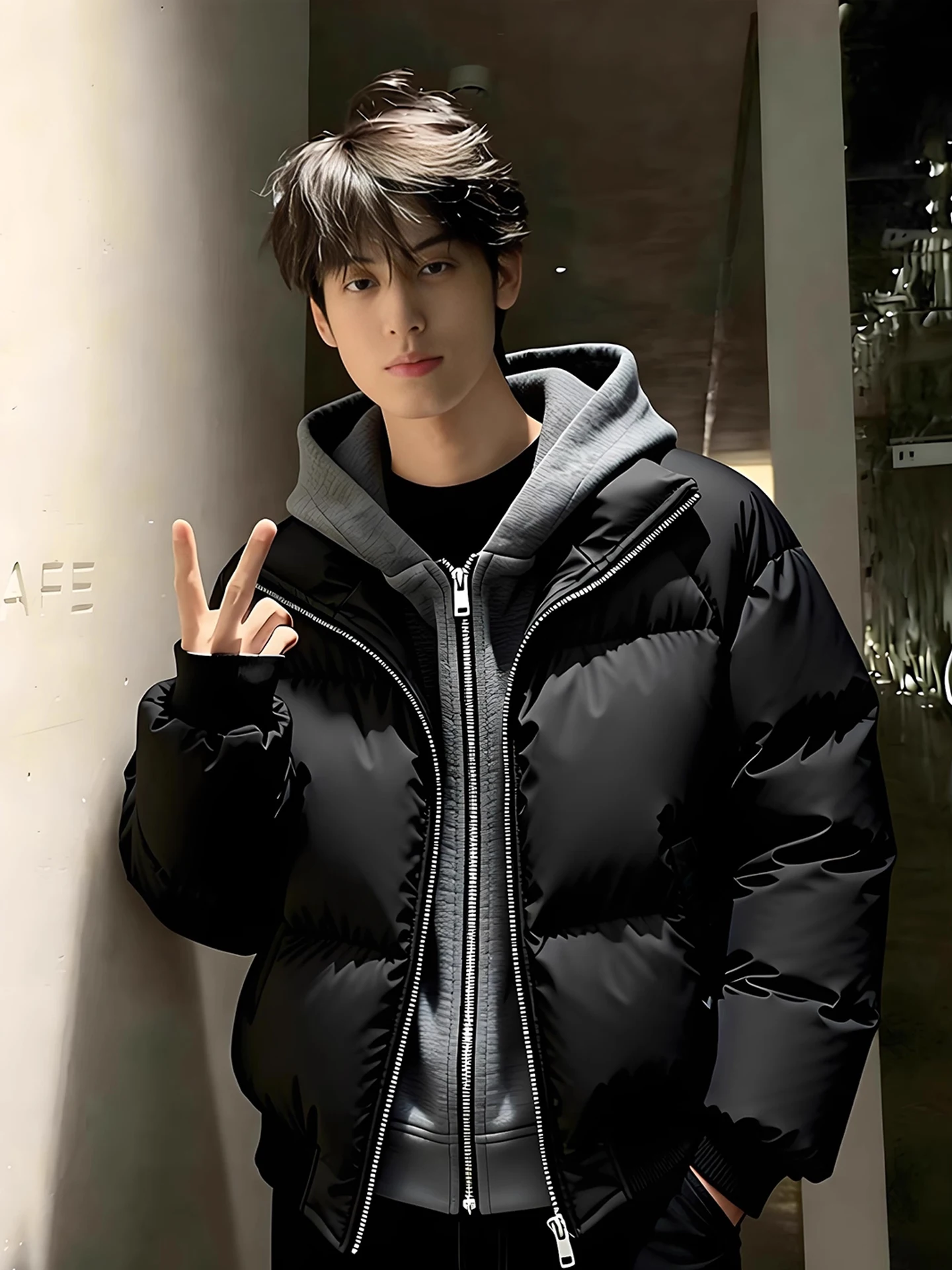 

Bla PU Leather Cotton Jaet Men's Winter Thi Warm ort Bread Sle Coat Youth Faion Loose Fit Long Sve Zipper Closure