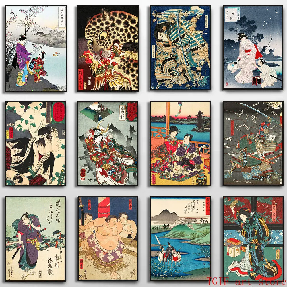 Vintage Japanese Ukiyo-e Art Sumo Warrior Geisha Travel Poster Landscape Decorative Canvas Painting Wall Art Home Room Decor