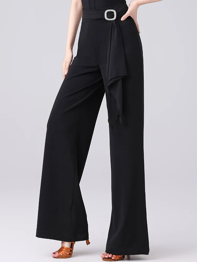 

2026 Chiffon Ribbon Ballroom Dance Pants Women Waltz Dance Clothes Black Latin Trousers Salsa Dance Practice Clothing BL15135