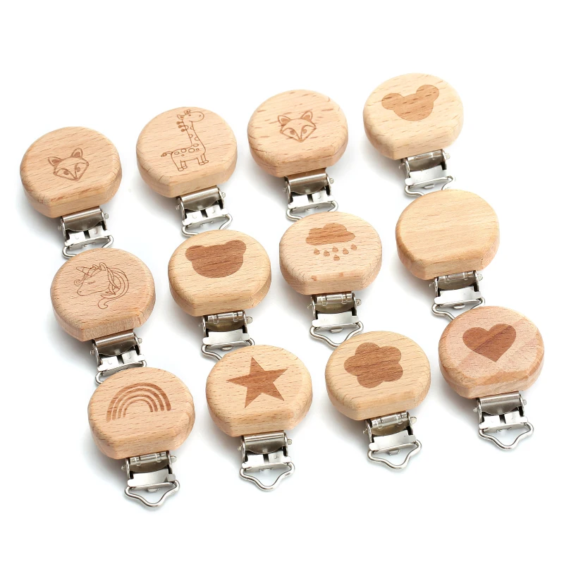 5Pcs Baby Beech Wood Pacifier Clips Rianbow Heart Animal Teether Dummy Clip For DIY Baby Pacifier Chain Holder Nursing Toy