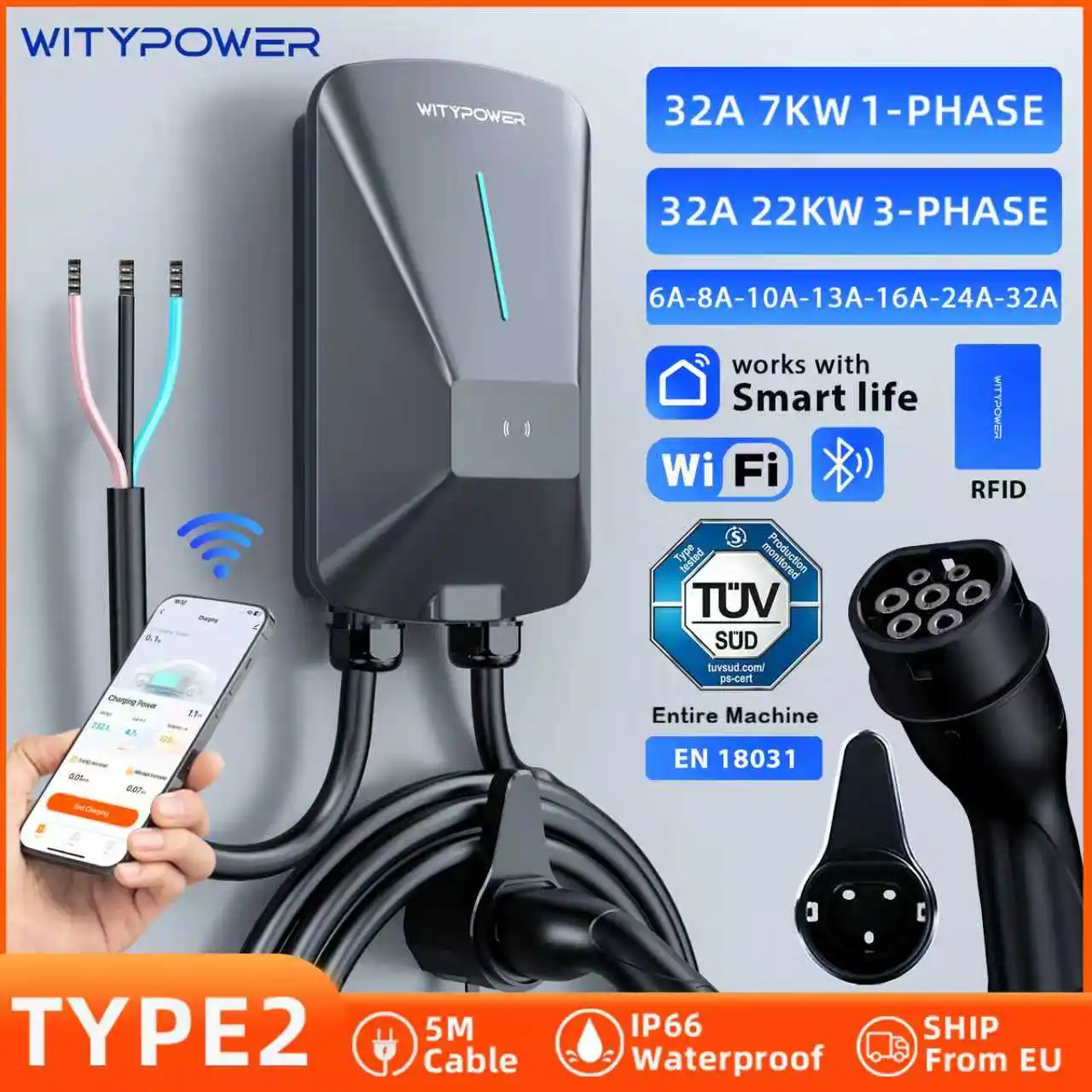 WityPower Type2 EV Station de charge Wallbox 7KW 22KW Station de chargeur rapide avec contrôle par application chargeur de voiture électrique pour Tesla BYD
