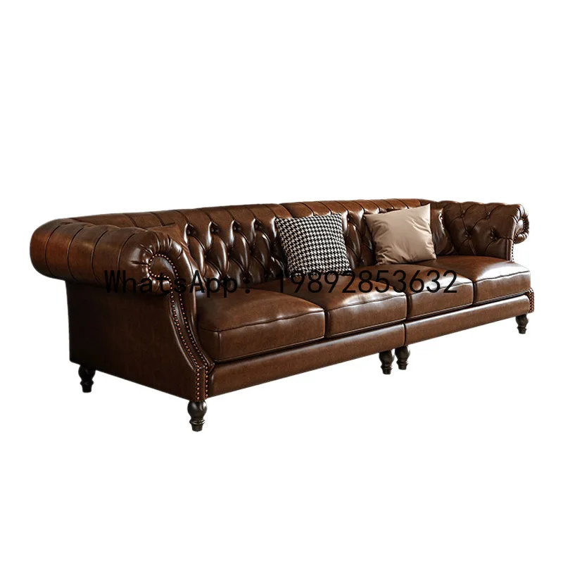 Hys retro genuine leather sofa set - solid wood living room furniture, vintage style for villas and hotels