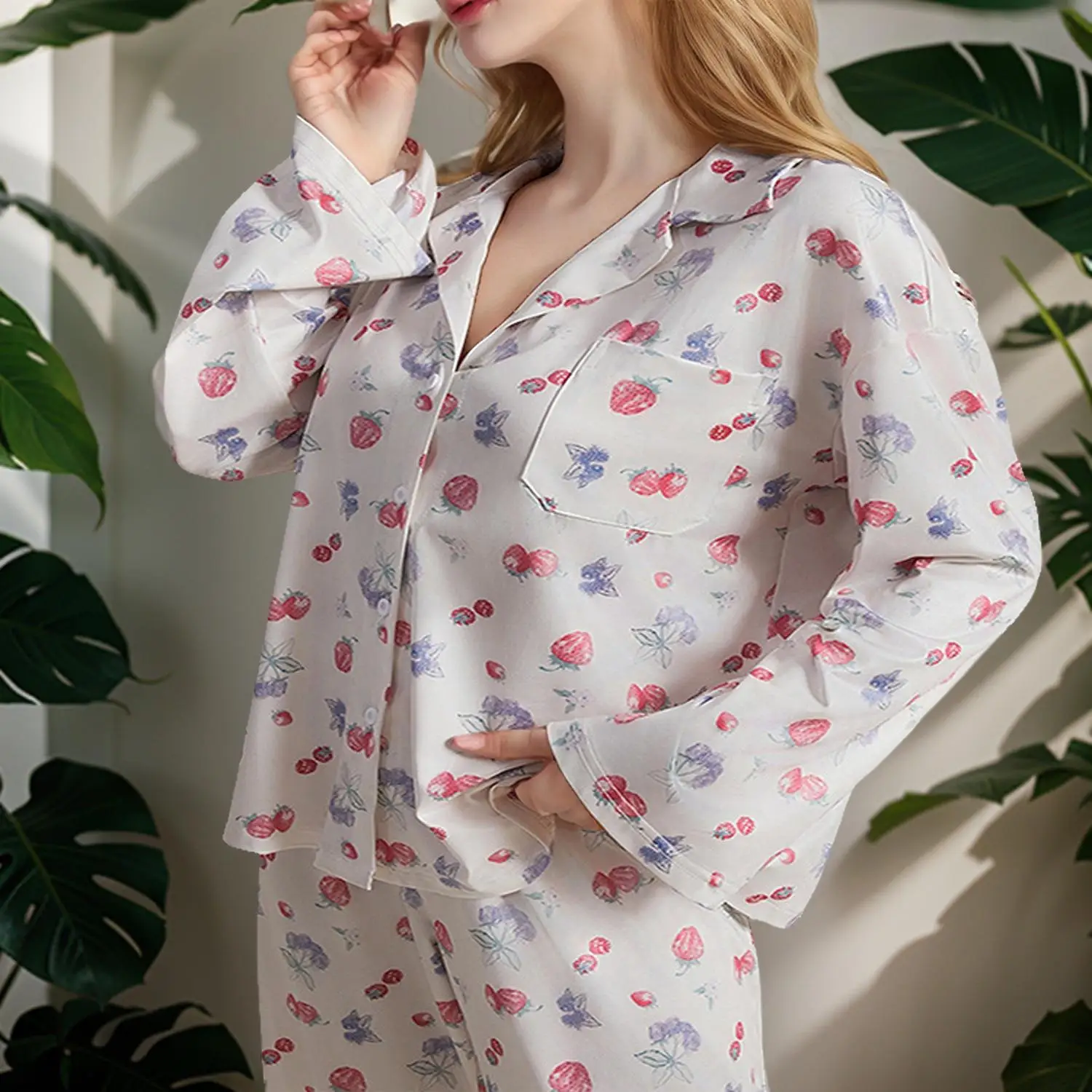 Women's Long Sleeve Shirt Floral Fruit Print Sleepwear Set Comfortable Home Clothes Autumn Season Men's Robe Bathrobe