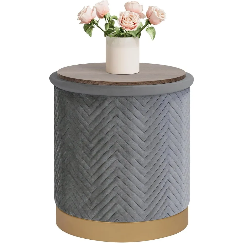 

B FSOBEIIALEO Ottoman with Stroage, Round Velvet Storage Ottoman with Gold Plating Base,Foot Rest Stool for Dorm Room, Living Ro