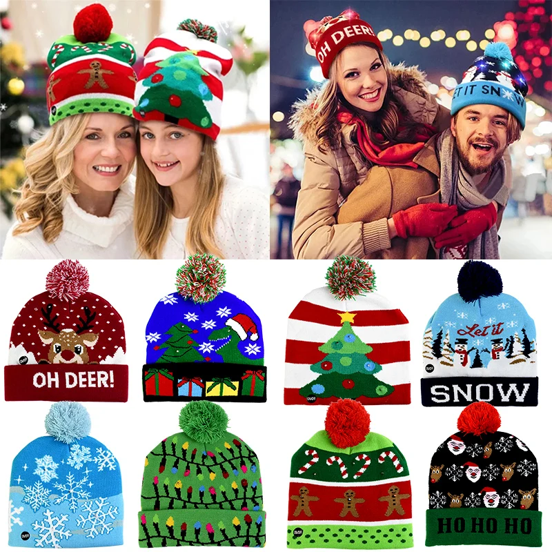 

Led Knitted Christmas Hat With Lights 2024 New Year Xmas Soft Beanie Santa Claus Cap For Kids Adult Christmas Decor Navidad Gift