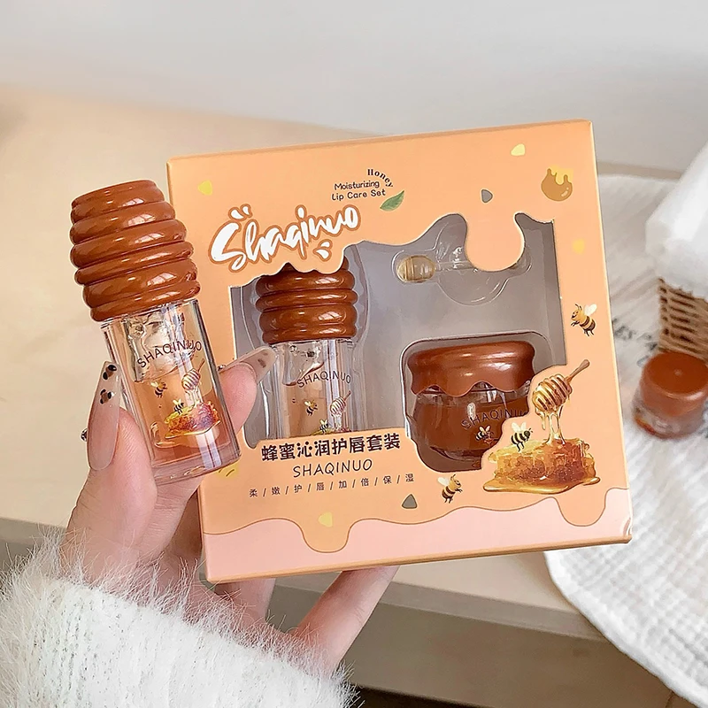 허니 자 립 오일 허니 립 케어 세트, 보습 립 오일 & 각질 제거 밤, 건조한 입술을 위한 영양 트리트먼트, 립 라인 키트