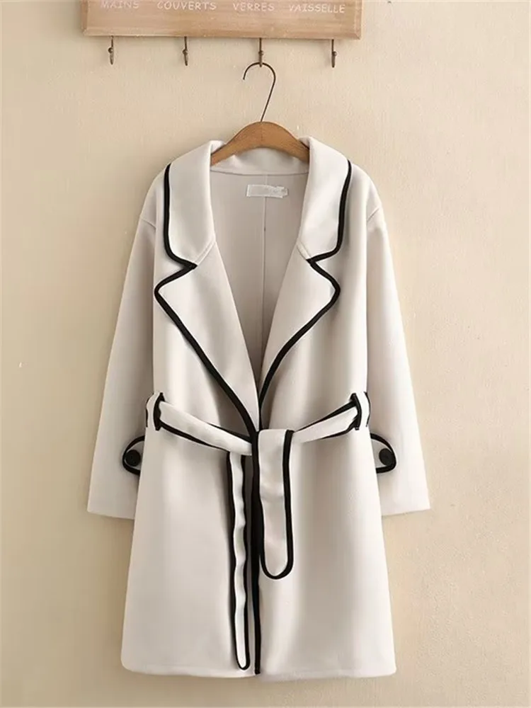 Plus Size Women's Clothing Windbreaker Lapel Long Sleeves Contrasting Color Stroke Medium And Long Coat Large Size Woolen Coat