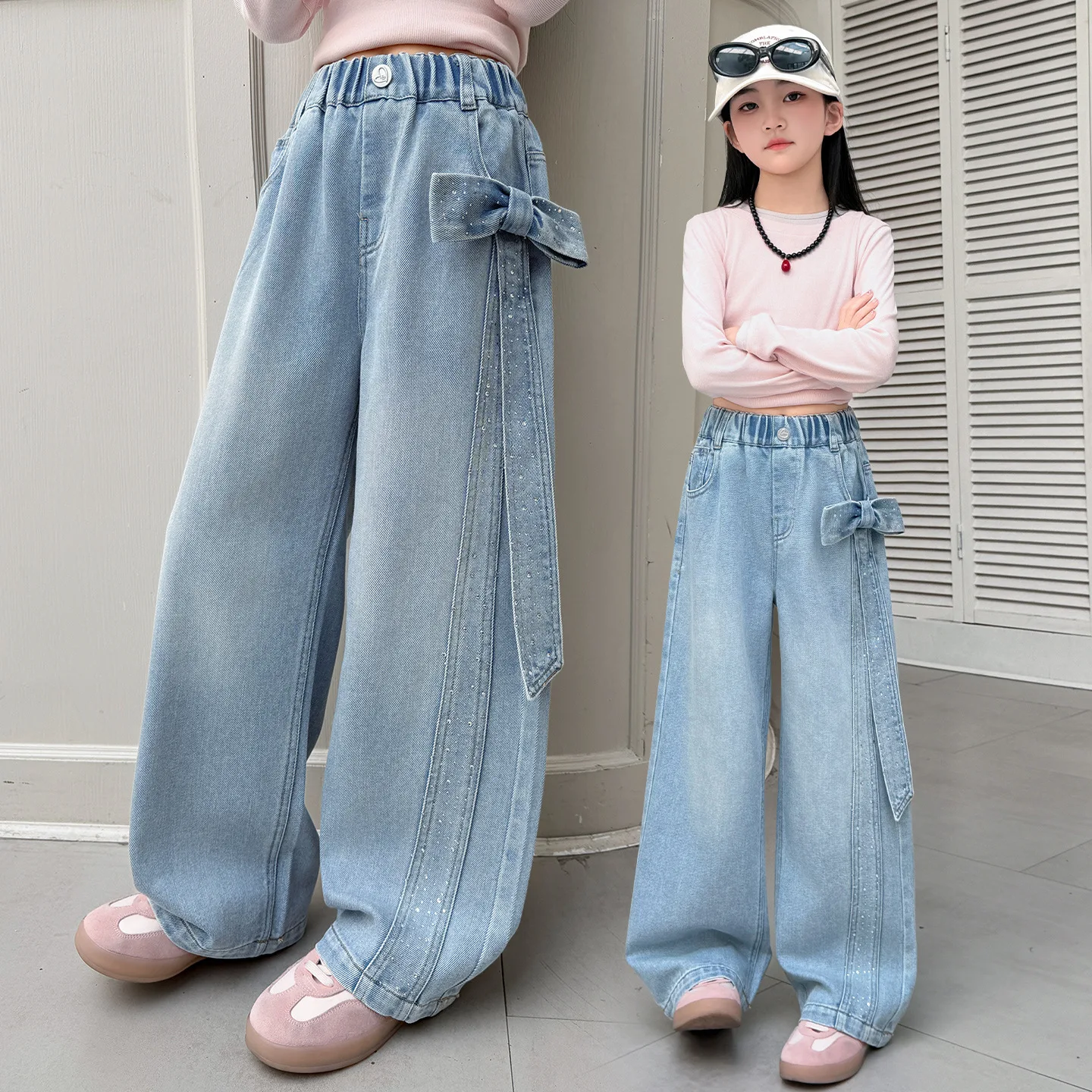 New Fashion Kids Girl Street Style Straight Leg Jeans with Big Bow on Side for Children Rhinestone Denim Pants Bowknot Trousers