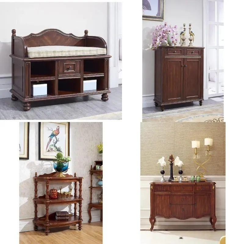 American Wooden Hand Carved Shoe Cabinet Classic Living Room Entrance Decorative Locker