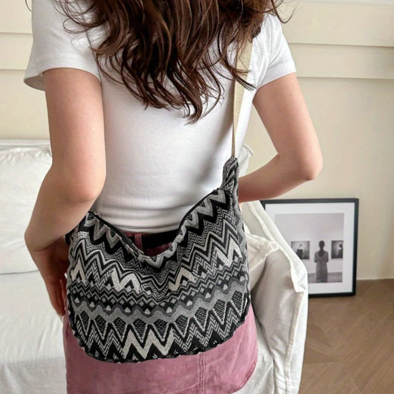 Stylish Foldable Canvas Shoulder Bag - Adjustable Strap, Stitched Embroidery, Spacious Interior - Perfect for Daily Use