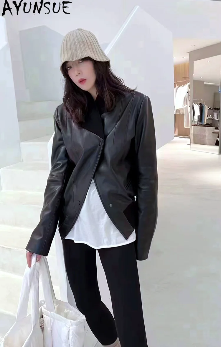 AYUNSUE Женская куртка из натуральной кожи 2023, модное пальто из настоящей овчины, короткая женская куртка с V-образным вырезом