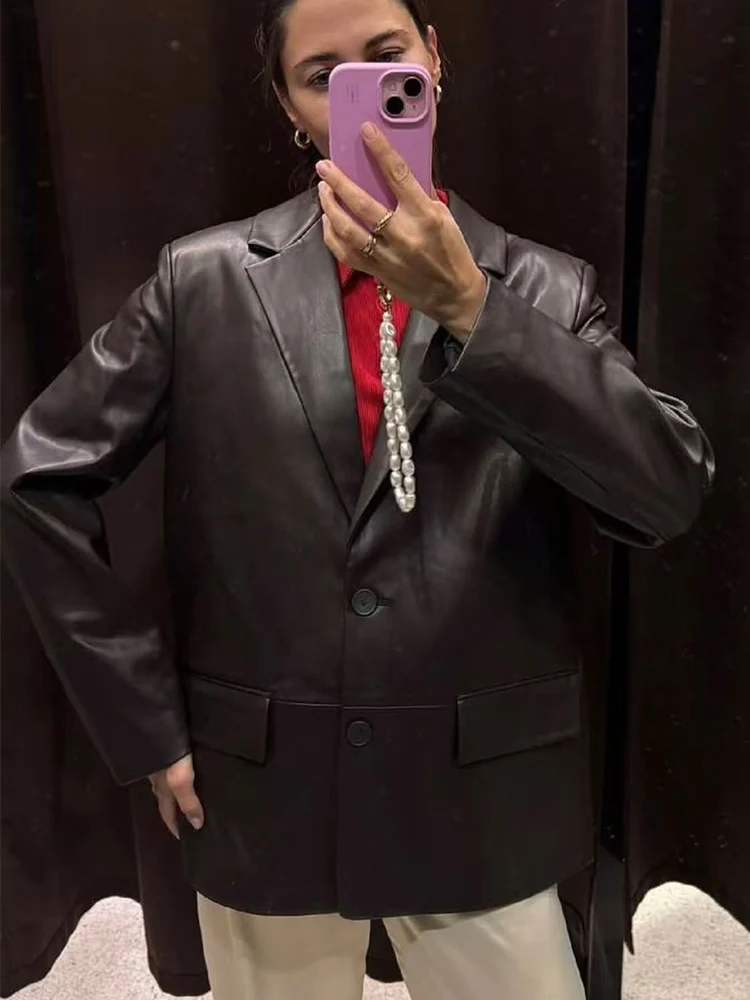 Damska jesienna kurtka blezer z ekoskóry w stylu retro, jednorzędowa, luźna, casualowa, modna, szykowna z kieszeniami, streetwear damska 2025