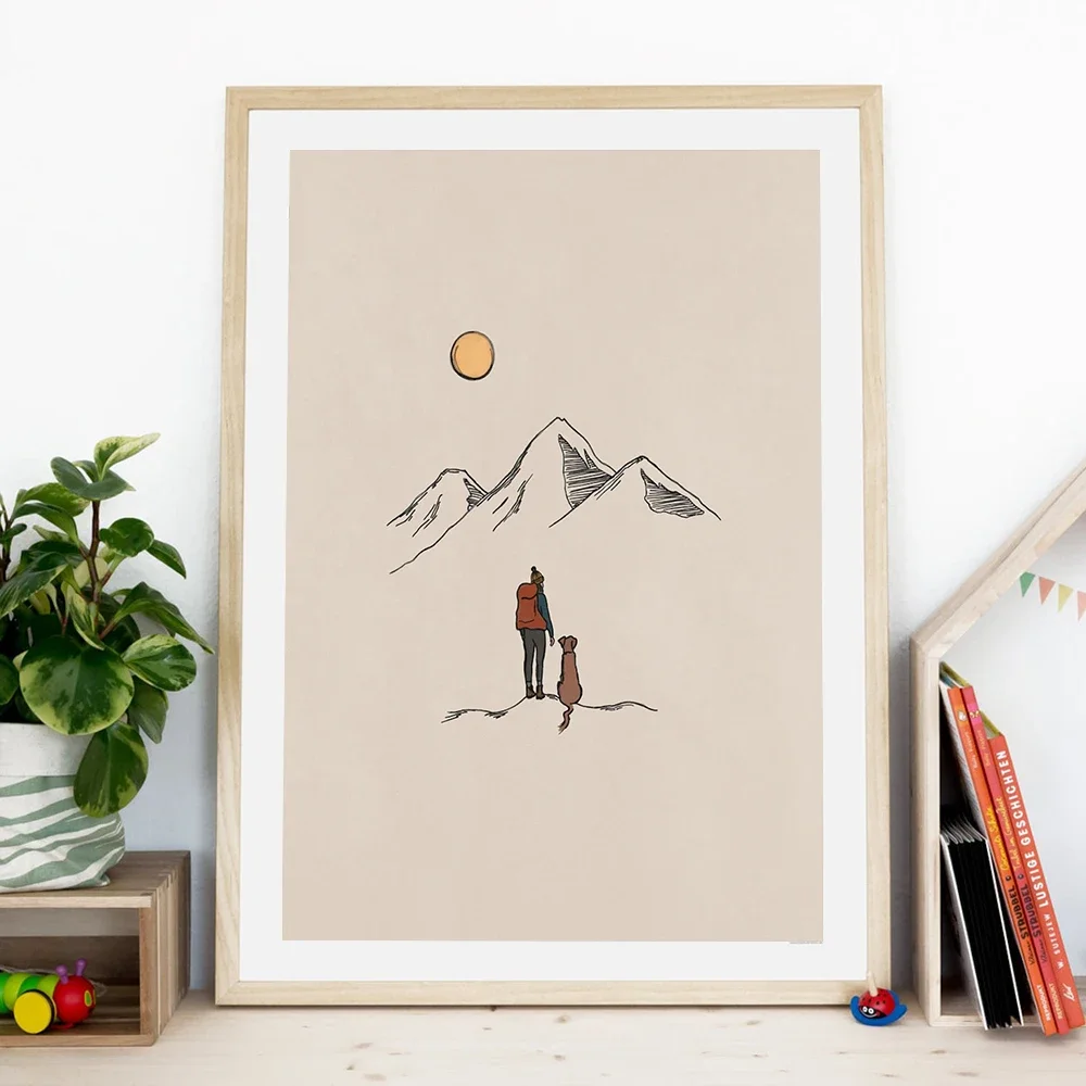 (2D Canvas painting) Travel Mountains Hiking With Dogs Art Print Landscape Cartoon Poster Canvas Painting Nordic Wall Picture