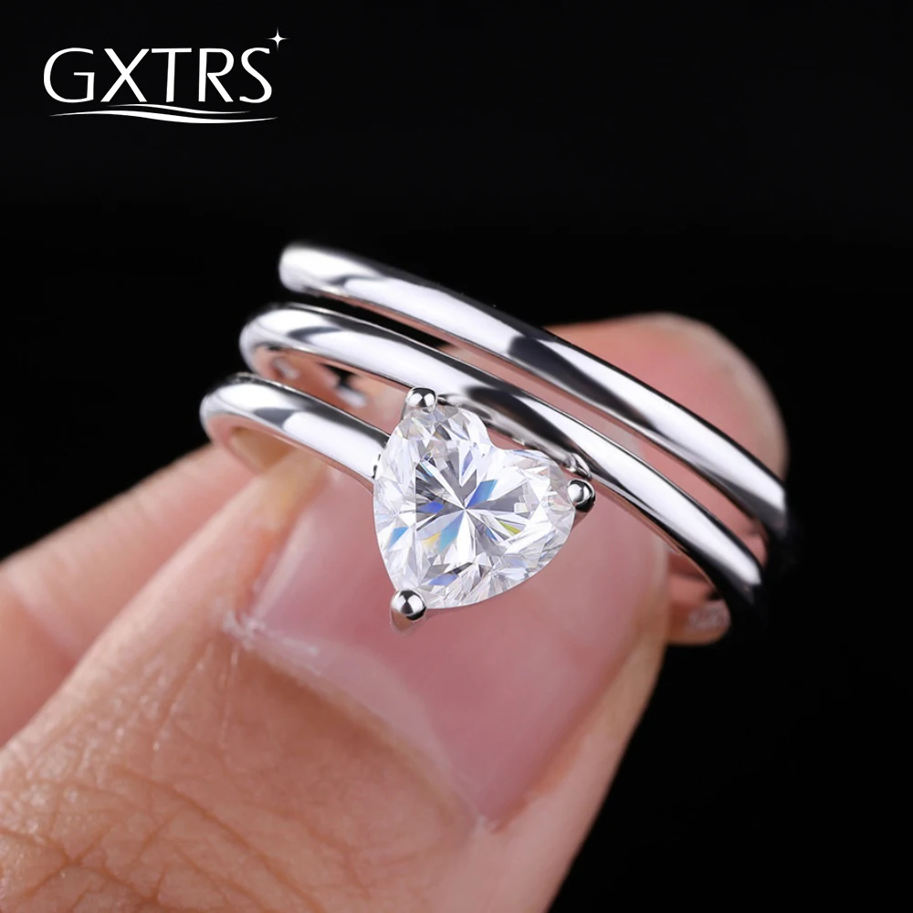 

GXTRS 1CT Heart Moissanite 925 Sterling Silver Rings For Women 3 Row Wedding Lab Diamond Band 18K Plated Fine Jewelry Certified