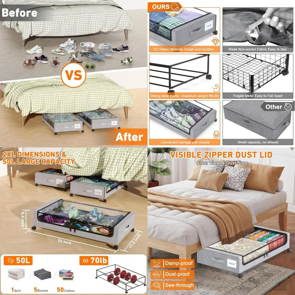 

2-Pack XXL 65L Under Bed Storage Boxes with Wheels and Clear Lids, Gray