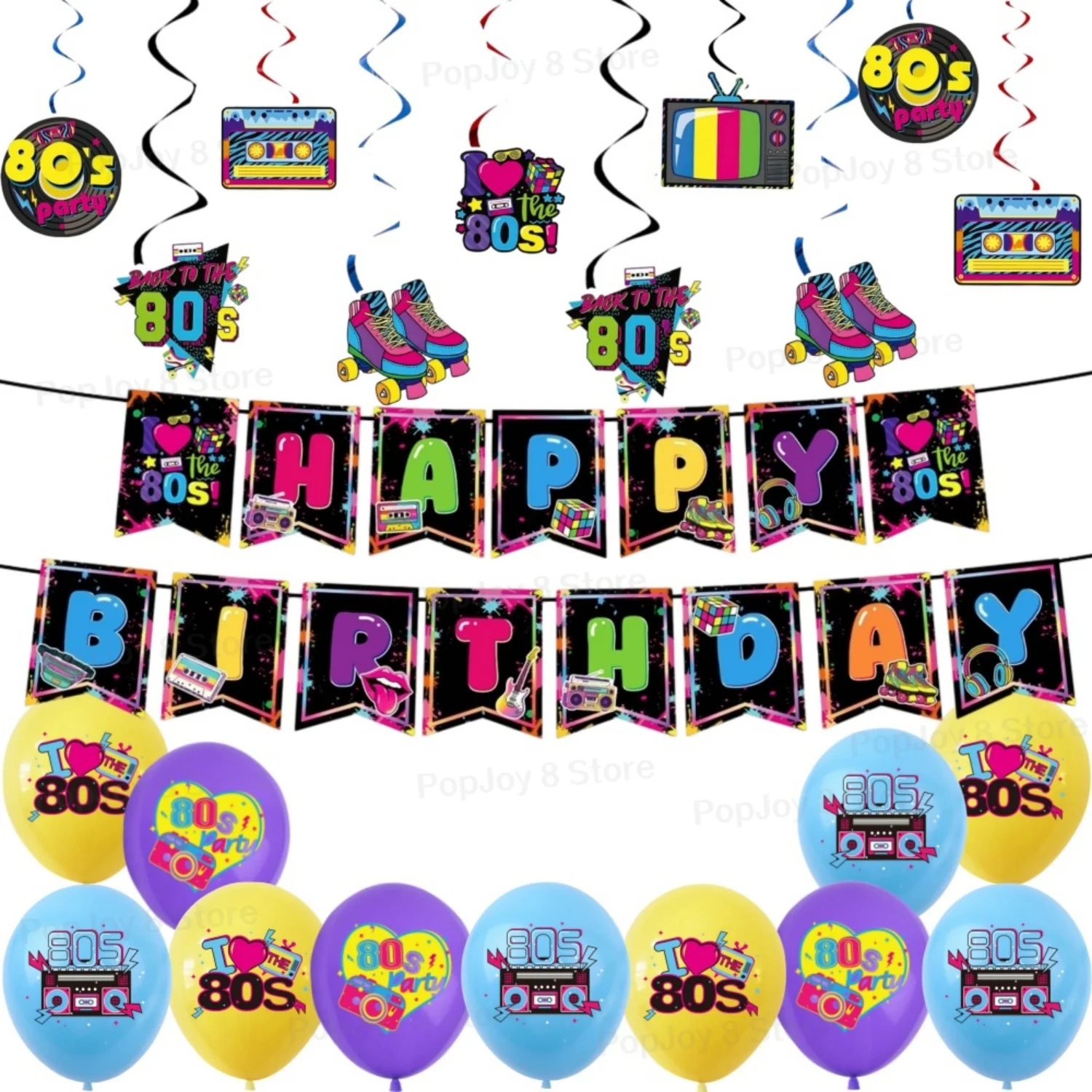 Retro 1980s Hip Hop 80s Birthday Bunting Flags Decorations Hanging Swirls Banner for Back to the 80s Party Supplies