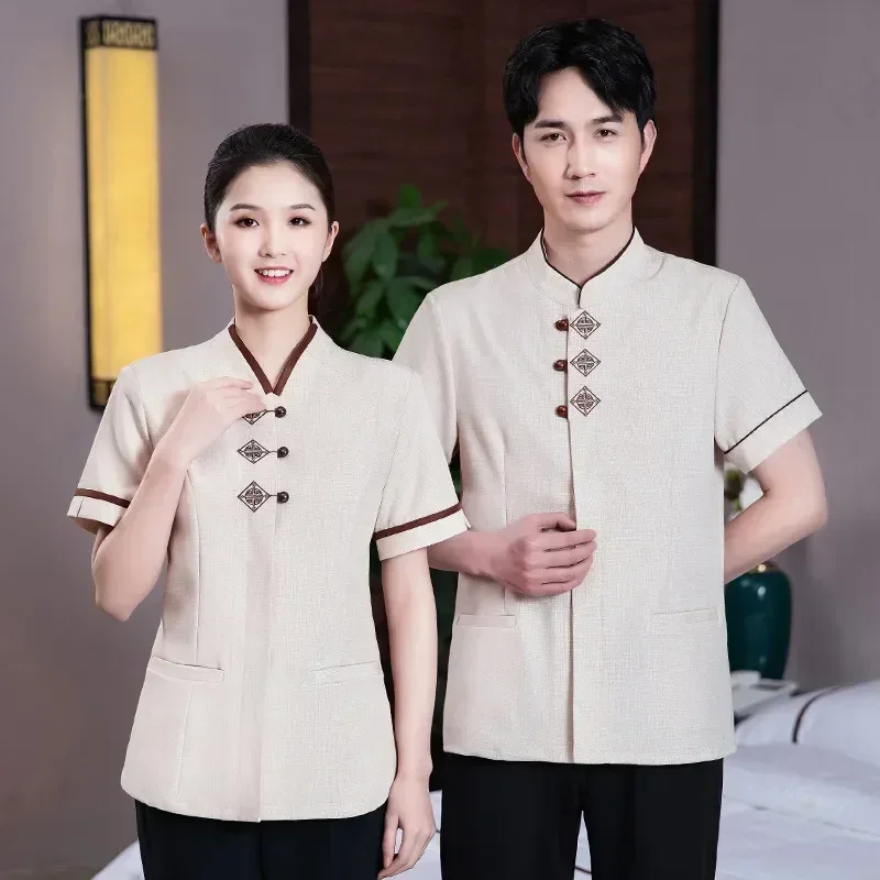 ทําความสะอาดร้านอาหารสั้นป้าโรงอาหารเครื่องแบบทําความสะอาดเสื้อผ้าทํางานสวมแขนโรงแรมสุขาภิบาล