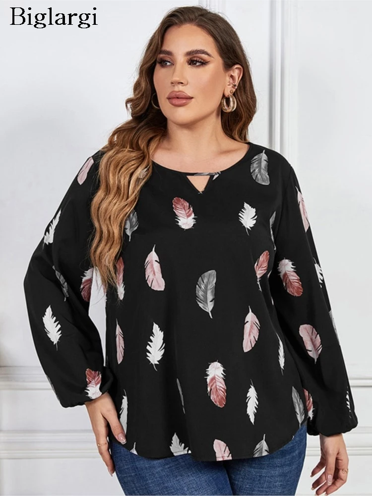 Plus Size Autumn Long Sleeve Tops Women Feather Print Fashion Casual Ladies Blouses Loose Long Sleeve Woman Pullover Tops