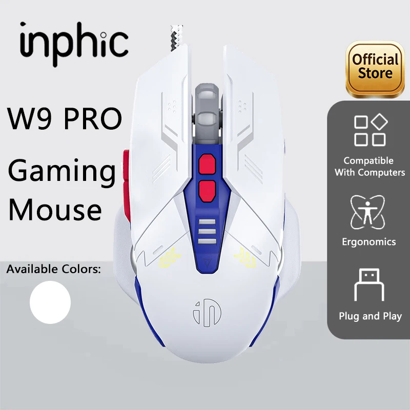 INPHIC W9P Mecha Style Wired Gaming Mouse USB RGB Light 7 Keys Macro Programmable 12800DPI E‑Sport Mouse For PC Notebook Office