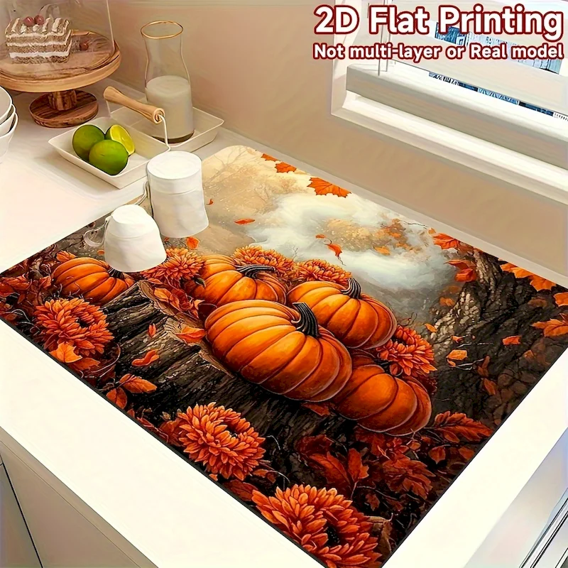 VIKAMA Retro Autumn Pumpkin Maple Leaf Drying Mat Autumn Forest Waterproof and Anti slip Kitchen Tabletop Mat Home Decoration