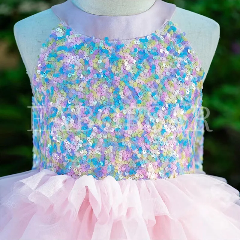 Ins Fashion Sleeveless Glitter Children's Dress Princess Dress Rainbow Cake Glitter Puff Mesh Dress Saint