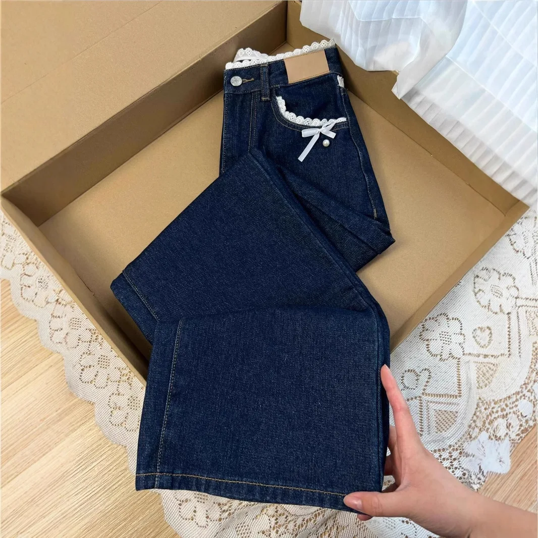 

Women Denim Jeans Solid Pants Lace Pocket Button Zipper Fly Mid Waist Full Length Straight Pants Loose Fit Casual 2026 Spring