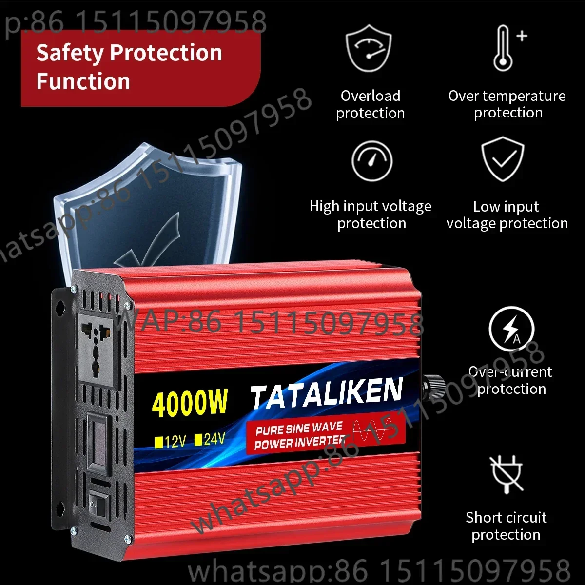 1000W-10000W Pure Sine Wave Power Inverter 12V/24V DC To 110V/220V Converter with Type-C Ports 2 AC Power Outlets  LCD Display