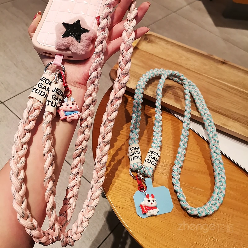 Long Crossbody Lanyard Neck Back Rope Three Strand Ponytail Mobile Phone Strap Cartoon Dragon Small Pendant Small Fresh Lanyard