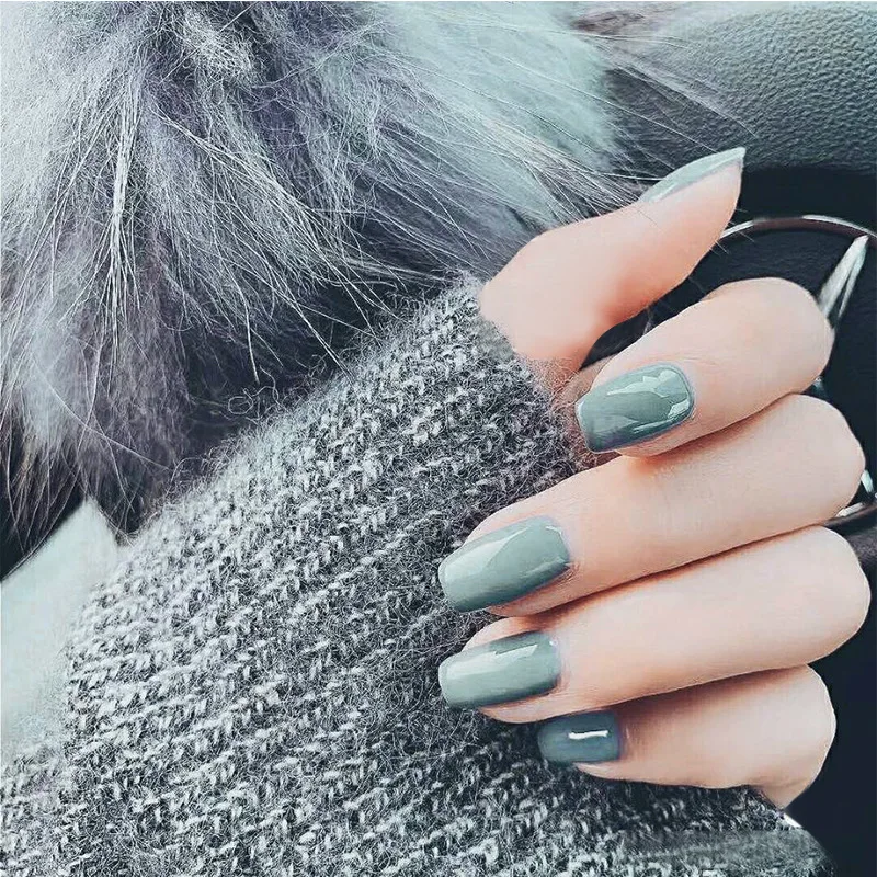 24pcs Glossy Demitint Series Medium Square Press On Nails  Solid Color False Nails With Jelly Sticker Reusable Fake Nails