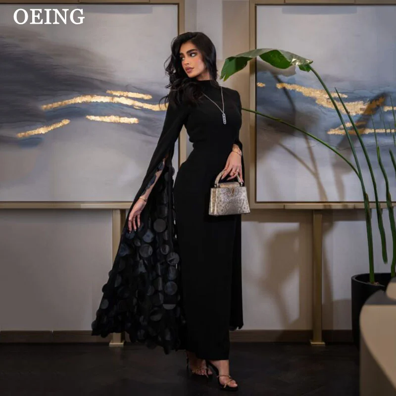 

OEING Modern Black A Line Long Evening Dresses Saudi Arabic Appliques Women Long Cape Sleeves Prom Gowns Formal Party 2024