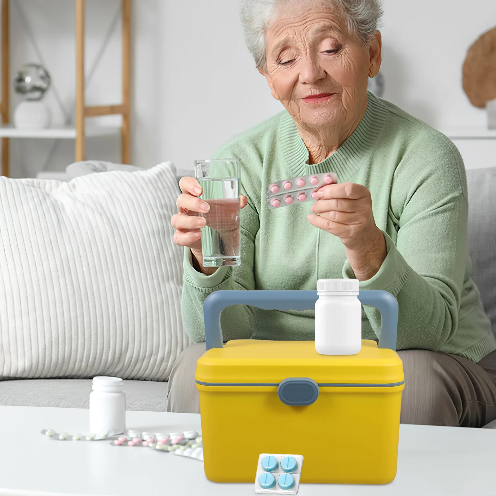حاوية تخزين طبية صفراء ذات سعة كبيرة مع مقبض منظم أدوية متعدد الأقسام للاستخدام المنزلي في حالات الطوارئ أثناء السفر #6