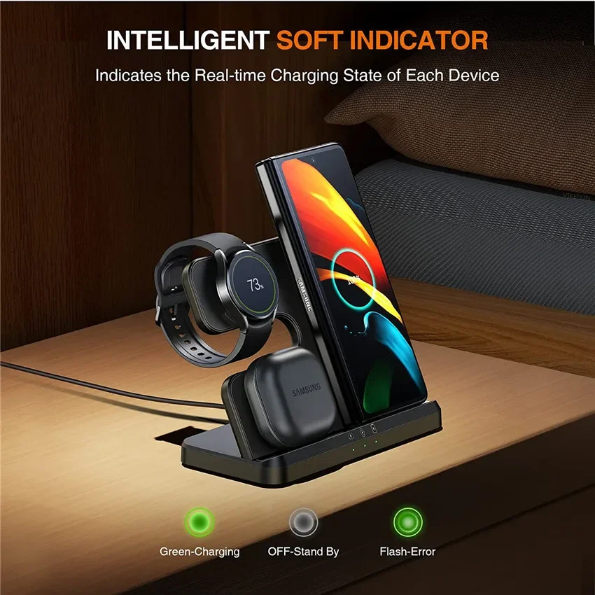 محطة إرساء لاسلكية للشحن السريع ، حامل شاحن لسامسونج S22 ، S21 ، أضعاف 4 ، ساعة غالاكسي 5 ، 5 برو ، 4 ، 3 نشطة ، 2 ، 1 براعم ، 3 في 1 ، 30 واط