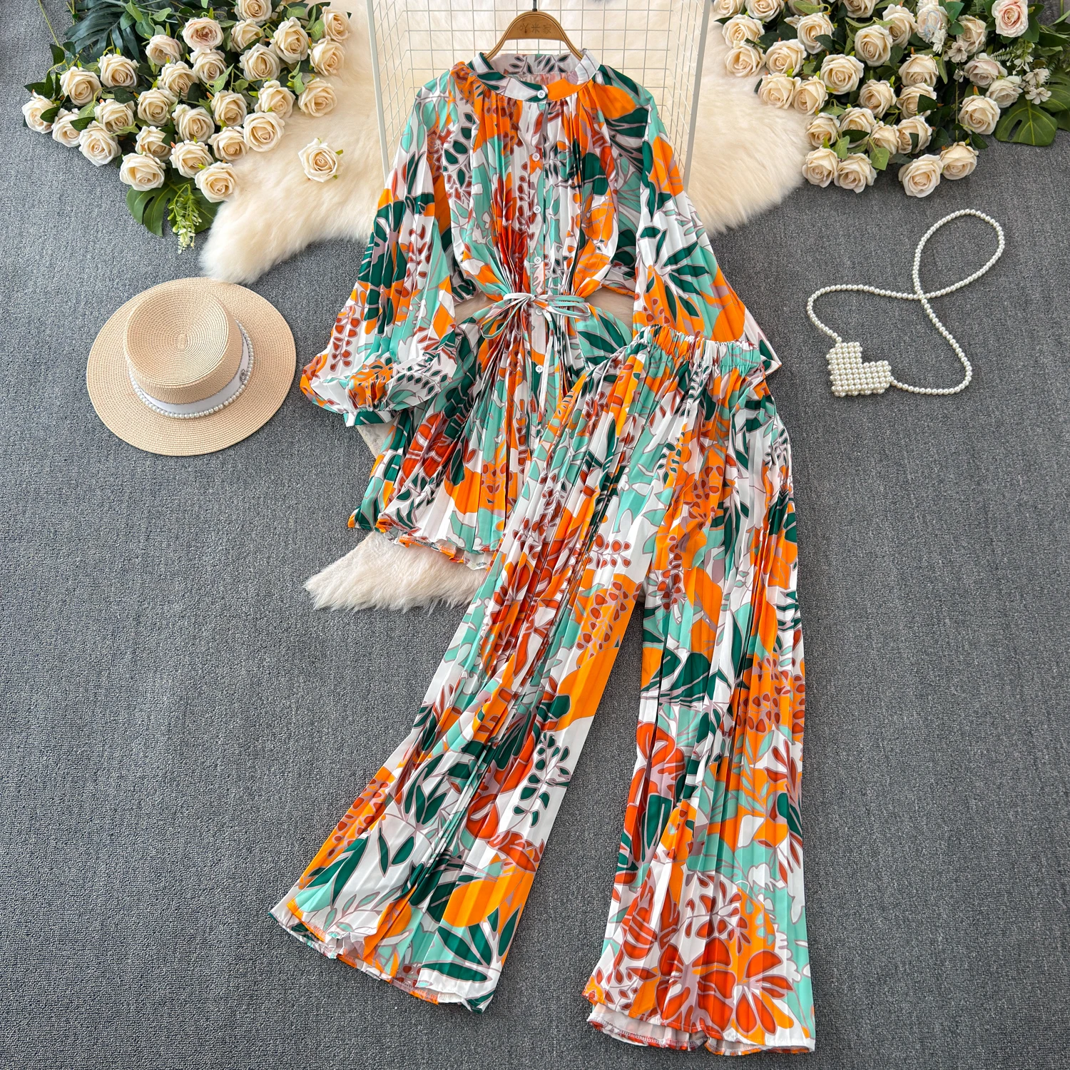 Fashion New Elegant Print Suits O Neck Lantern Sleeve Tops Wide-Leg Pants Two Pieces Set 2024 Women Casual  Party Outfits Clothe