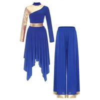 Traje de baile de alabanza de adoración para mujer, Ropa de baile lírico de salón, vestido con dobladillo asimétrico de manga larga y pantalones de pierna ancha