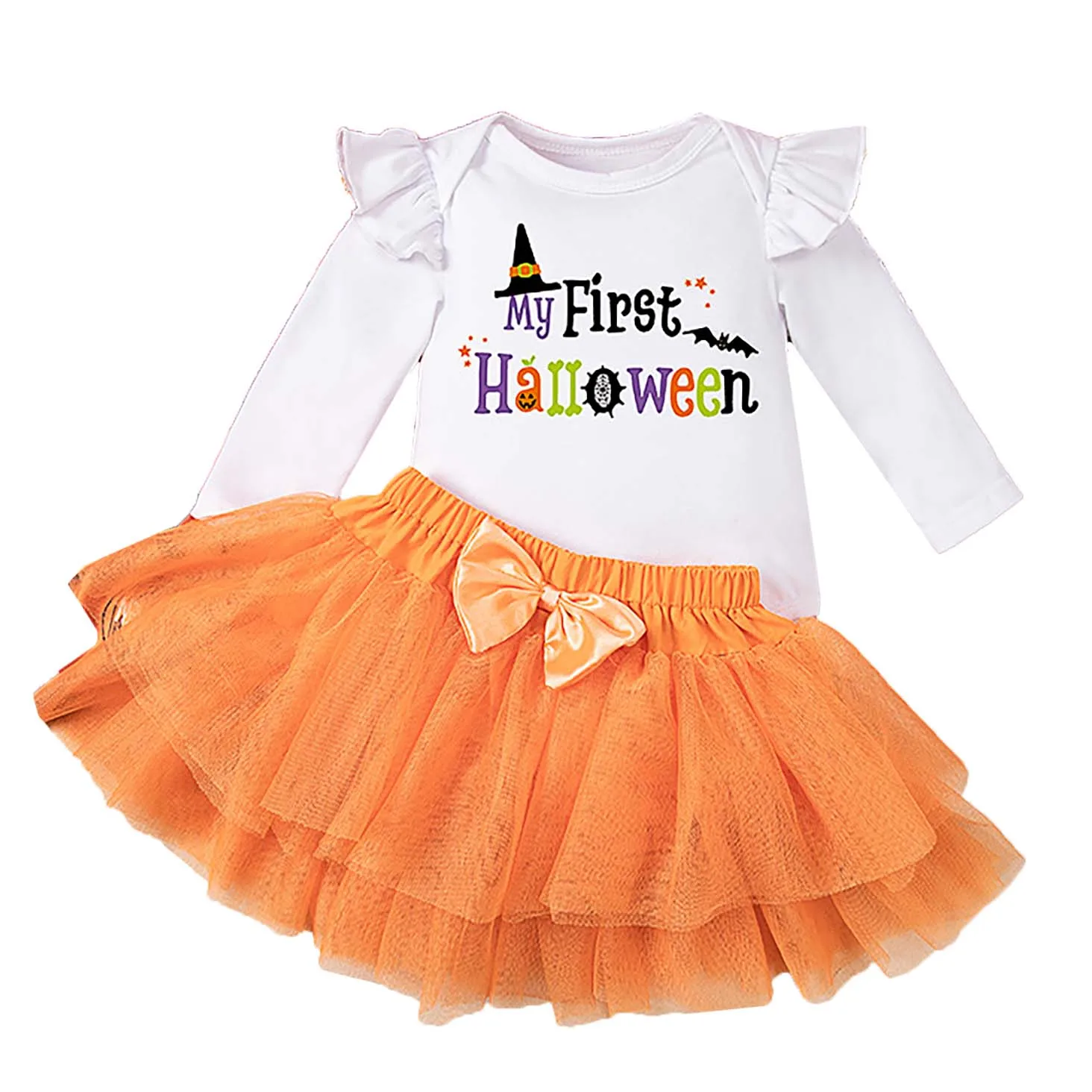 Baby Girls Halloween Dress Up Outfit Long Sleeve Pumpkin Witch Hat Cat Print Romper with Tutu Skirt Theme Party Cosplay Costume