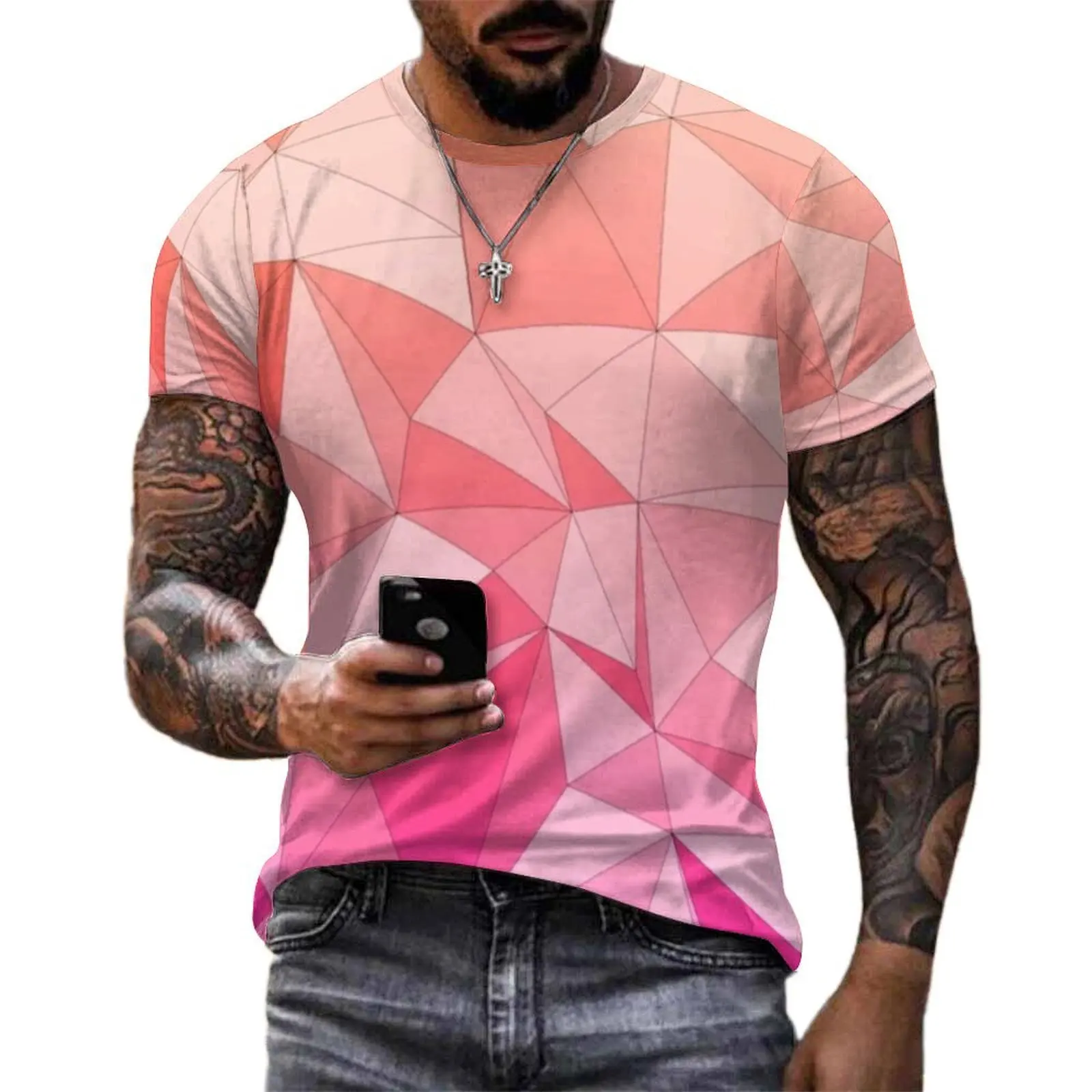 Two Tone Pink T-Shirt Mosaic Design Fashion T Shirts Mens Classic Tee Shirt Summer Short-Sleeved Pattern Tops Plus Size 6XL