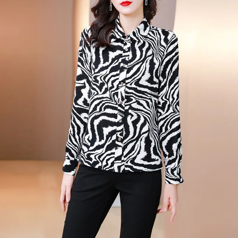 Women Elegant Zebra Print Work Wear Button Chiffon Shirts Spring Autumn Korean Long Sleeve Loose Blouse Top Blusas Mujer De Moda