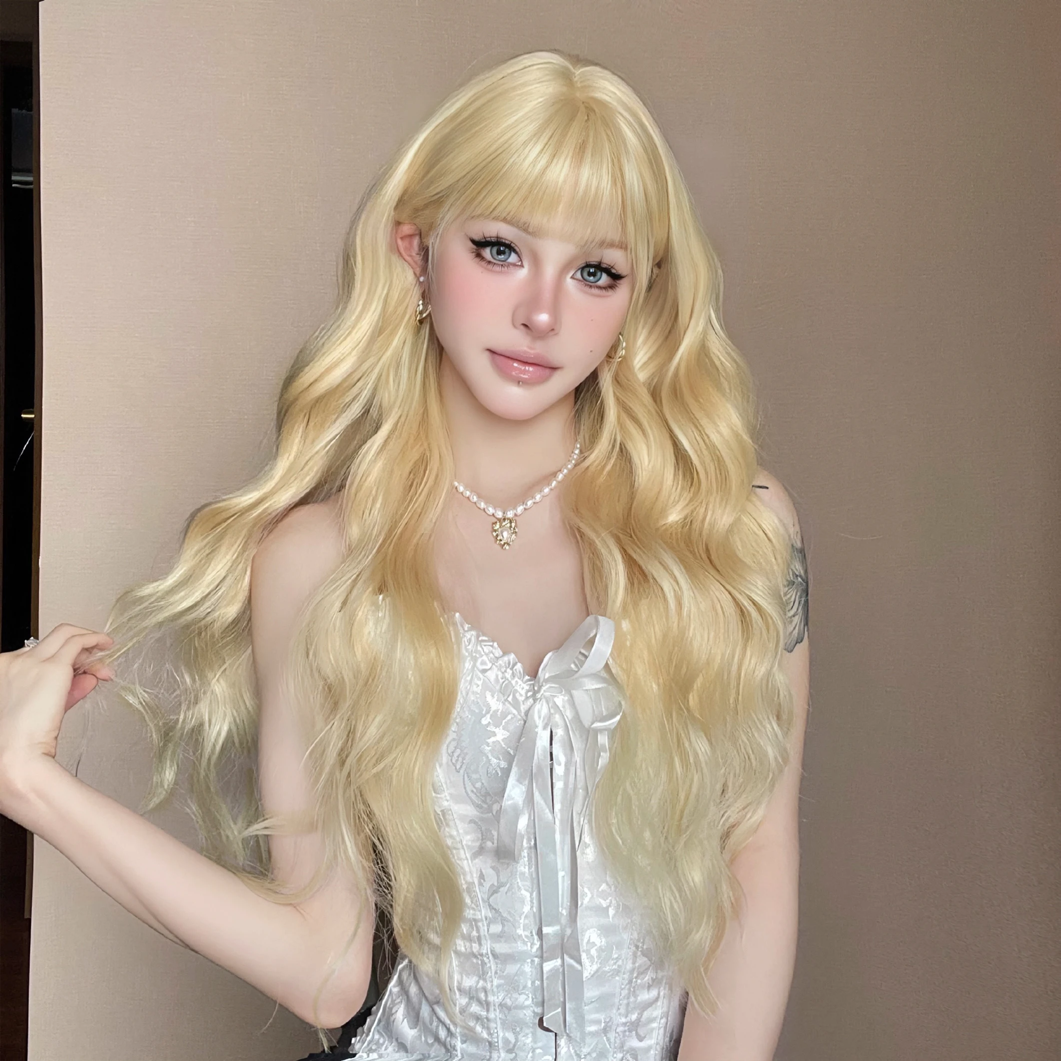 Peruca sintética longa loira unicórnio com Franja para mulheres, cabelo resistente ao calor, cosplay de festa diária