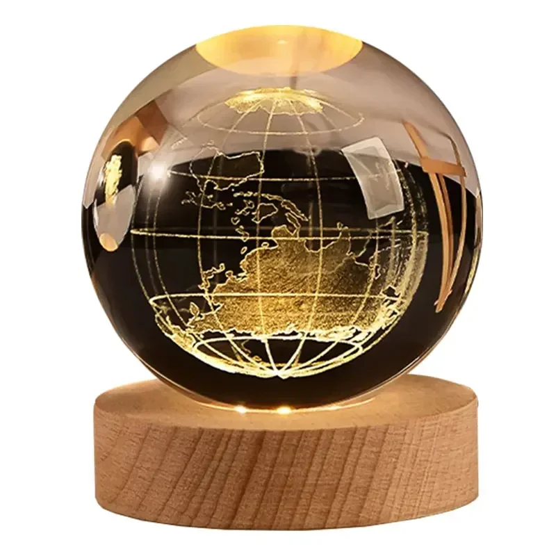 Sfera di cristallo 3D da 6 cm Sfera di vetro Pianeta Terra Base in legno Sistema solare Galassia Astronomia Regalo di compleanno Decorazione del