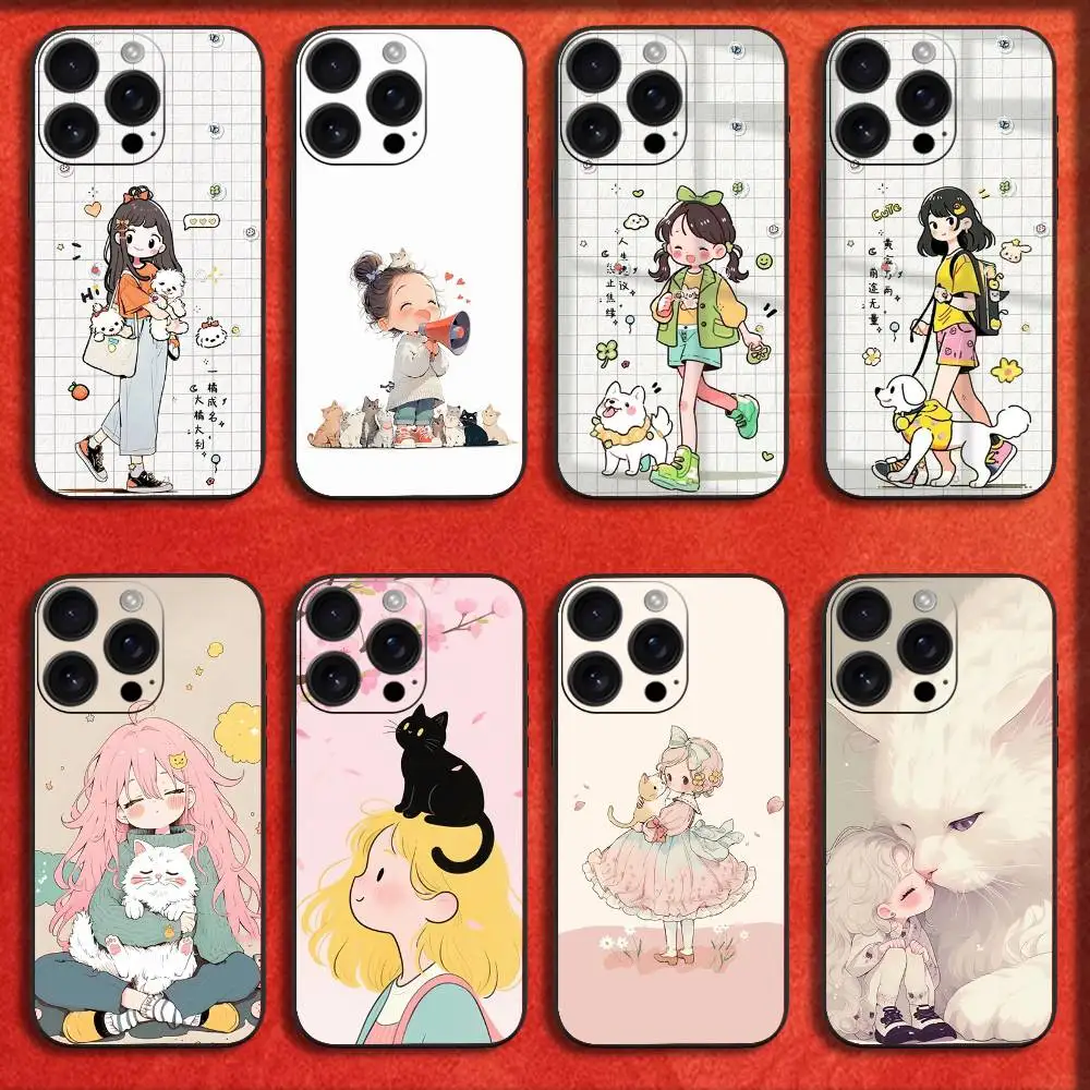 

Phone Case For iPhone 16,15,14,13,12,11,Pro,XS,Max,XR,Plus,E,Mini Black Cartoon Lovely Girl Dog Cat Shockproof Cover