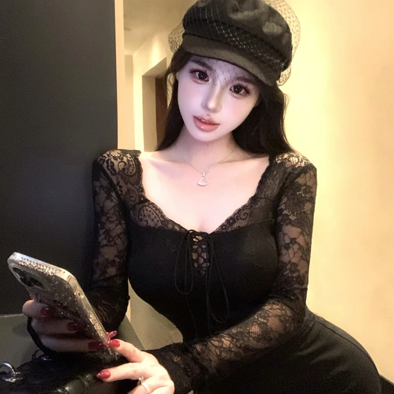 Ele Lace irt Damen Long Sve Slim Fit Gürtel Faionable Herbst Winter New Sle Girl's Ort Länge Hohe Taille