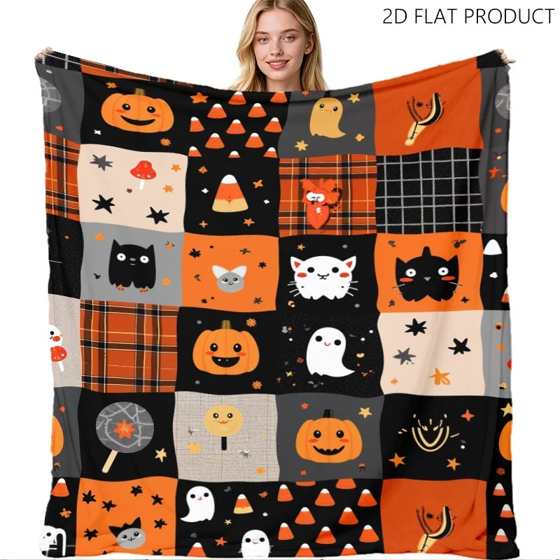 Playful Patchwork Halloween Themed Throw Blanket, Cute Cartoon Pumpkin Black Cat Candy Corn Patterns in Warm Orange Black Tones, Multiple Specifications Available, Cozy Soft Blanket for Lounge Couch Office Napping & Home Decor