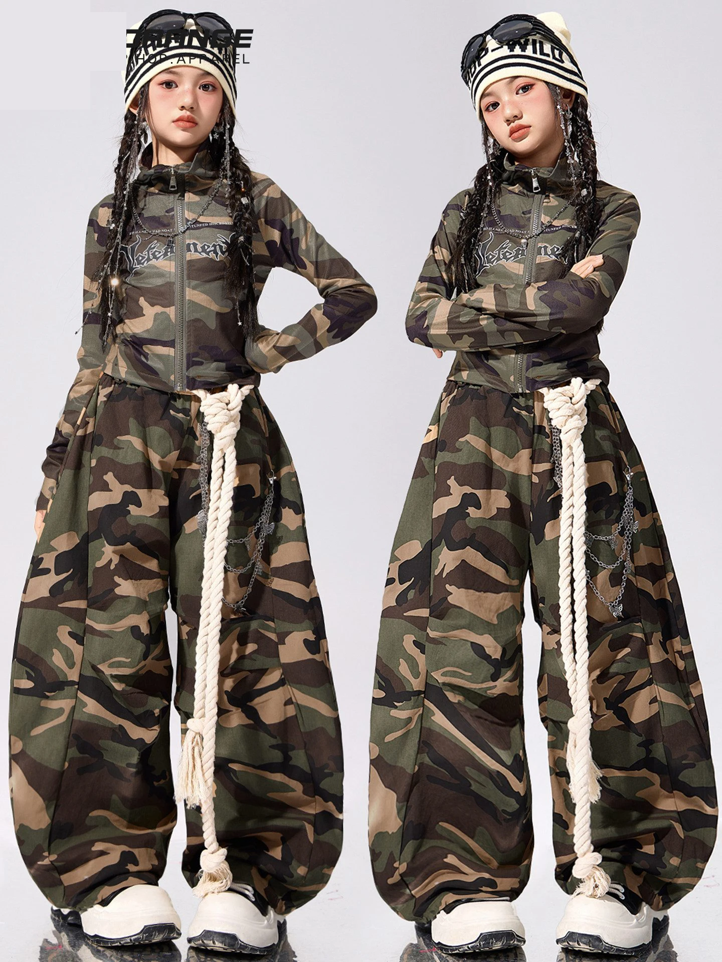 Novas meninas hip hop roupas de dança camuflagem mangas compridas terno crianças jazz dança topos calças prática desempenho traje palco wear