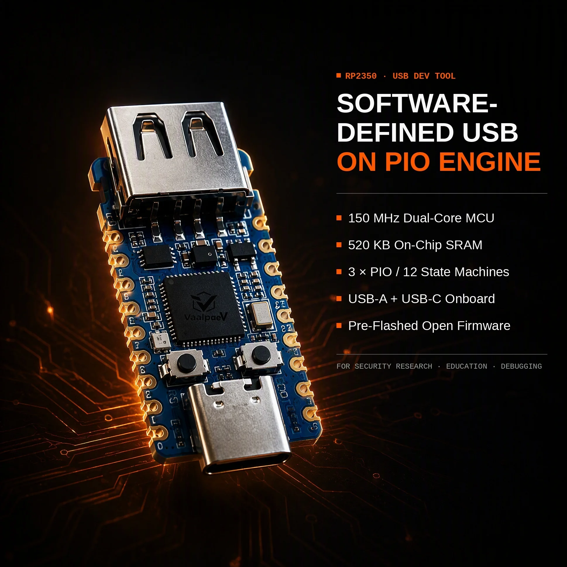 50pcs RP2350 USB-A Development Board PIO Programmable USB Security Research Tool DFU Testing Embedded Debugging Education Module